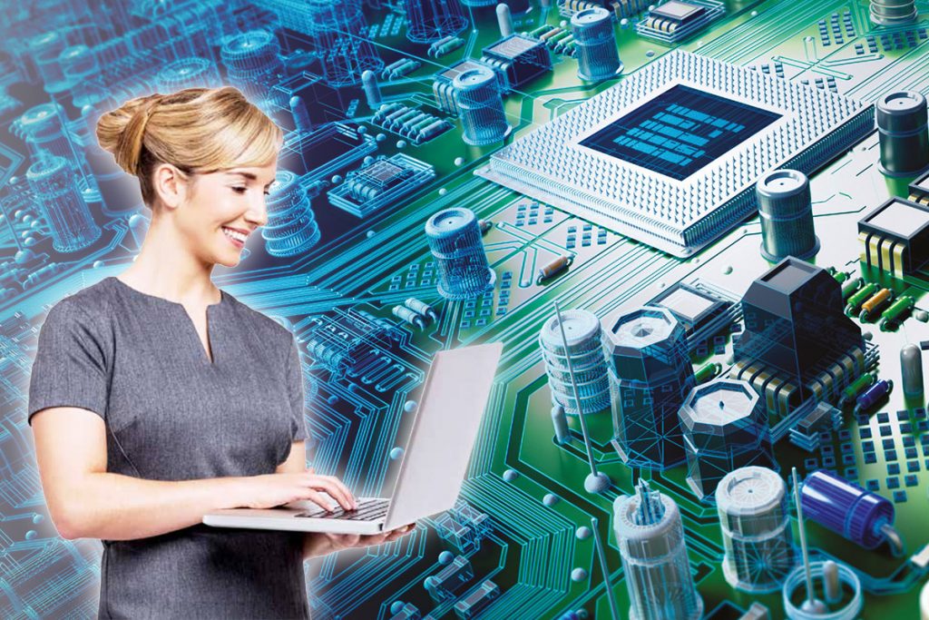 Woman standing, working on her laptop - FPGA background